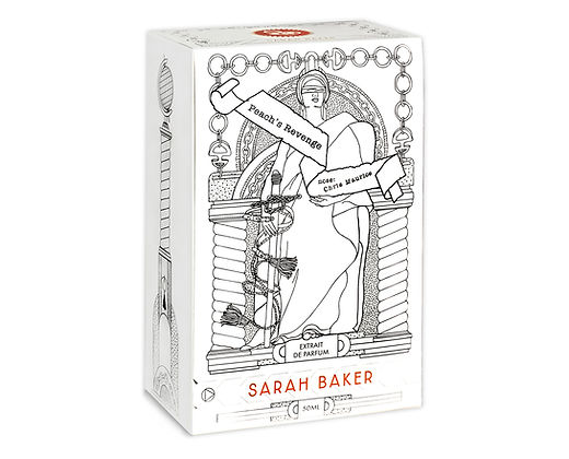 Box packaging for "Sarah Baker" perfume, featuring an intricate black and white illustration of a person holding a banner inside an ornate frame. "Peaches Revenge" and "Sarah Baker" are written on the box, hinting at notes of warm spices and delicate vanilla intertwined within.