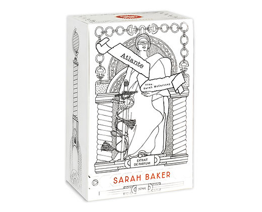 A white box of perfume labeled "Sarah Baker" features an illustration of a figure holding a banner that says "Atlante" and "Extrait de Parfum." Decorative columns and chains frame the figure. This Atlante perfume, known for its salty fragrance, is an Art + Olfaction Awards finalist.