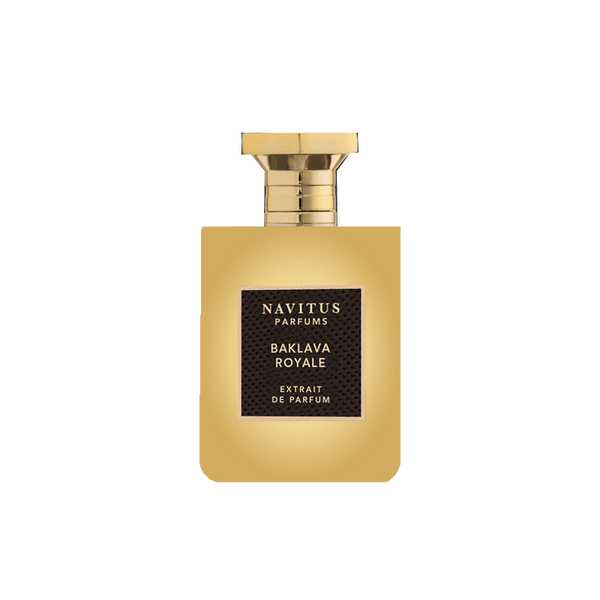 A rectangular gold bottle of Baklava Royale by Navitus Parfums, an exquisite gourmand fragrance designed by Bertrand Duchaufour, featuring a black label and a gold cap.