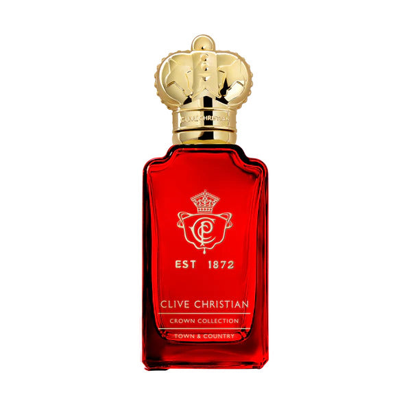 A Clive Christian "Town & Country" perfume bottle, featuring a red design and a gold crown-shaped cap, with the label "Clive Christian, Crown Collection, Town & Country, EST 1872," exudes opulence and a rich history rooted in Crown Perfumery.