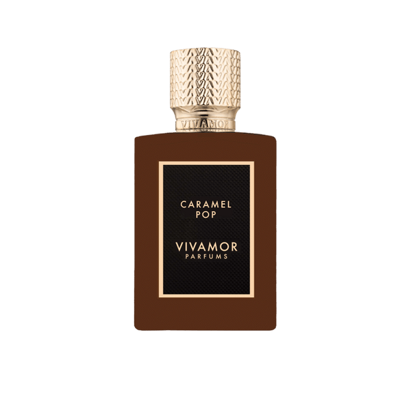 A bottle of VIVAMOR Parfums' Caramel Pop perfume features a textured gold cap and a brown rectangular body. Infused with Madagascan Vanilla Bourbon Absolute, it has "CARAMEL POP" written in white on a black label.