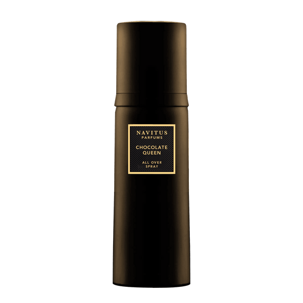 A black bottle of Navitus Parfums' Chocolate Queen, labeled in gold, exudes the essence of a dark chocolate perfume.