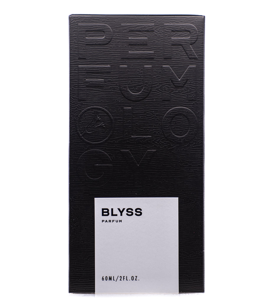 A sleek black box embossed with "Perfumology" features a white label at the bottom that reads "Perfumology Blyss, 60ml/2fl oz," hinting at the high quality ingredients within.