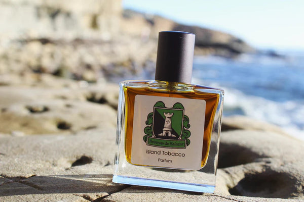 A bottle of Island Tobacco perfume from Aromas de Salazar, exuding a tropical scent, rests on a rocky surface near the ocean, featuring a label with a cat illustration and green decorative elements.