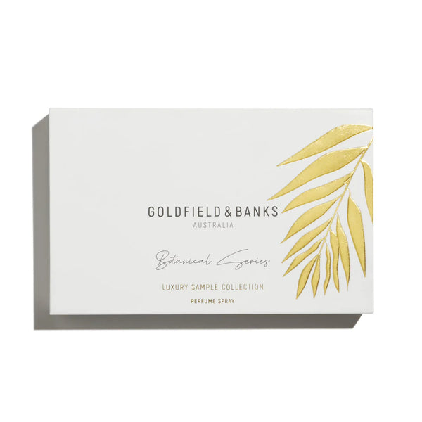 White box with Goldfield & Banks branding and a gold botanical design on the right side. Text reads: "Botanical Series Luxury Sample Collection 3 x 2ml Perfume Spray," showcasing the elegance of Australian perfumery.