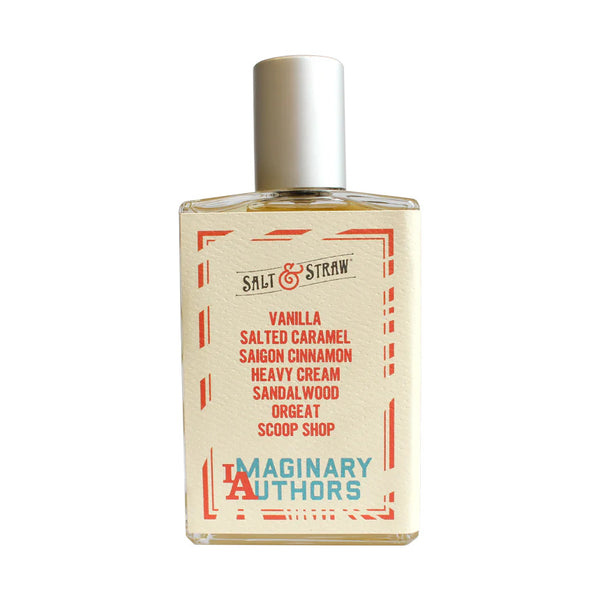 A bottle of A Whiff of Wafflecone perfume with a list of notes including vanilla, salted caramel, Saigon cinnamon, heavy cream, sandalwood, orgeat, and ice cream shoppe under the label "Imaginary Authors.