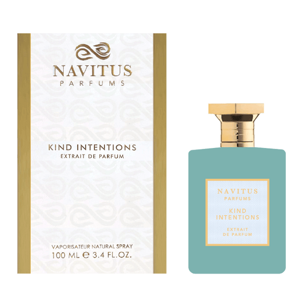 Image of Navitus Parfums' Kind Intentions, a fruity and elegant potion crafted by master perfumer Jerome Di Marino. The bottle is teal with a gold cap, while the packaging is white and gold, indicating a 100ml volume.