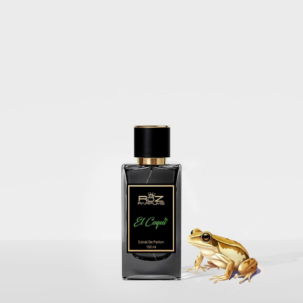 Bottle of RDZ Parfums labeled "EL COQUI" next to an enchanting illustration of the coquí frog, iconic of Puerto Rico.