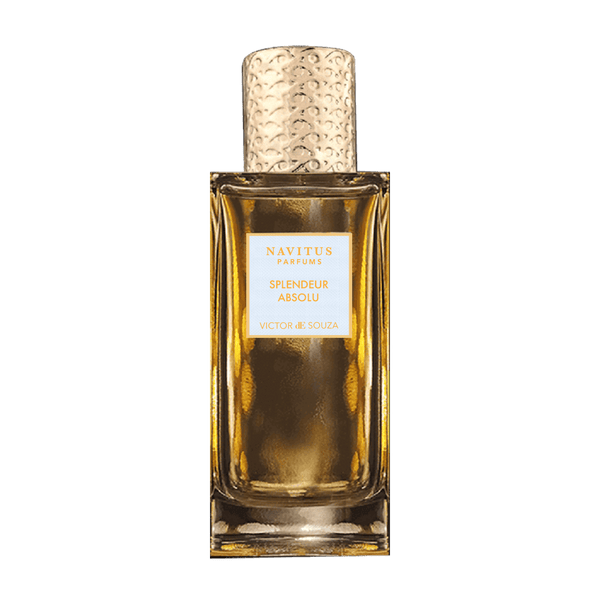 A rectangular glass bottle of Splendeur Absolu by Navitus Parfums, infused with Italian Bergamot, features a textured gold cap and a gold label on the front.