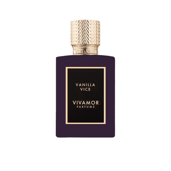 A rectangular bottle of VIVAMOR Parfums "Vanilla Vice" perfume, featuring a textured gold cap and a black label with gold text, enhanced by the warm allure of Tonka Bean.