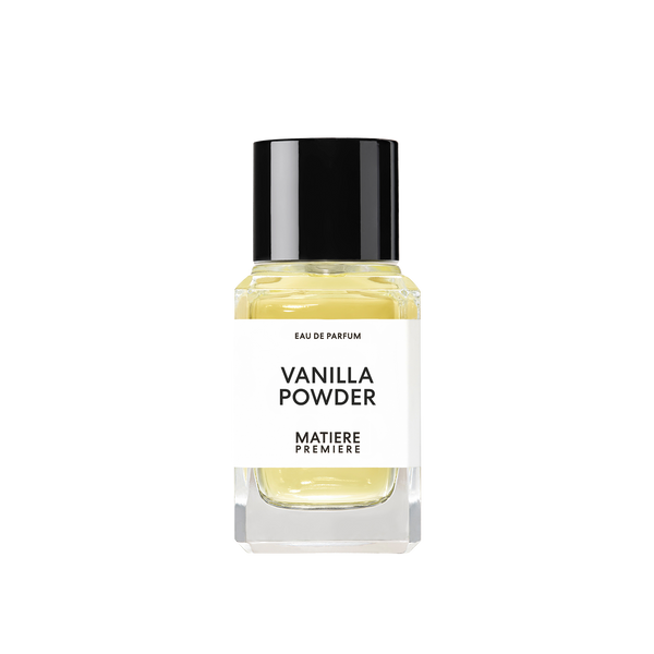 A bottle of Matiere Premiere VANILLA POWDER with a black cap and a clear glass container revealing a light yellow liquid inside, enriched with subtle hints of musk.