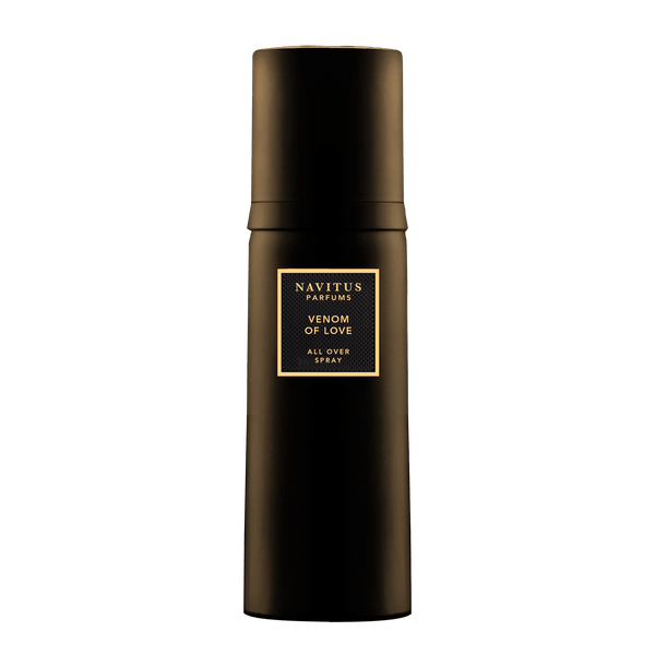 Black cylindrical spray bottle labeled "Venom Of Love All Over Spray Extrait De Parfum" from Navitus Parfums, crafted by Master Perfumer Sidonie Lancesseur.