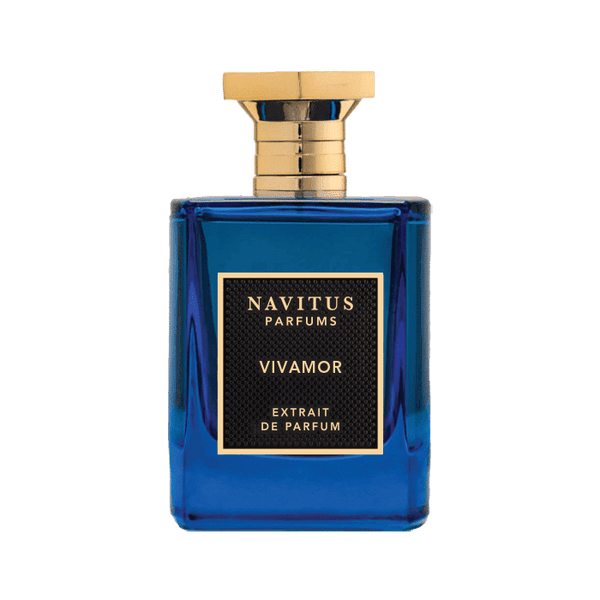 A blue bottle of Navitus Parfums Vivamor, with a gold cap and a black label featuring gold text, captures the essence of fragrance notes in a celebration of life and love.
