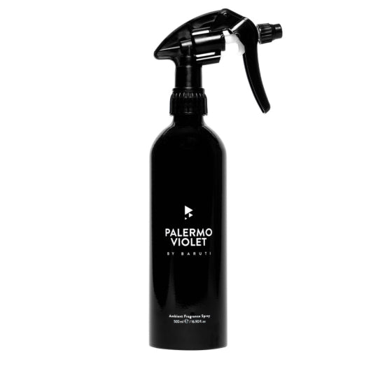 A black spray bottle from Baruti, labeled "Palermo Violet Ambient Spray," featuring a trigger nozzle and capturing the essence of Sicilian herbs. The text "Ambient Fragrance Spray 300ml / 10.14 fl.oz." is written at the bottom.