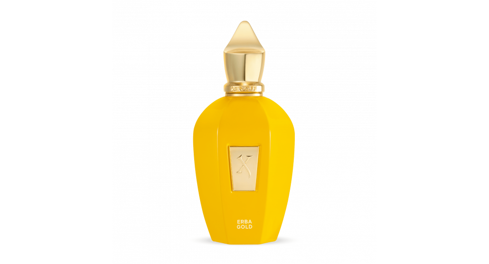 A yellow perfume bottle with a gold cap and a rectangular label, named "Erba Gold" by Xerjoff, featuring citrusy top notes and adorned with a unique silk neck scarf.