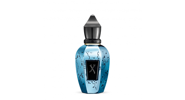 A blue and black perfume bottle with a metallic sheen and abstract design, featuring a pointed black cap and a logo labeled "Groove Xcape" on the front, embodies the essence of Xerjoff perfumes' precious ingredients.