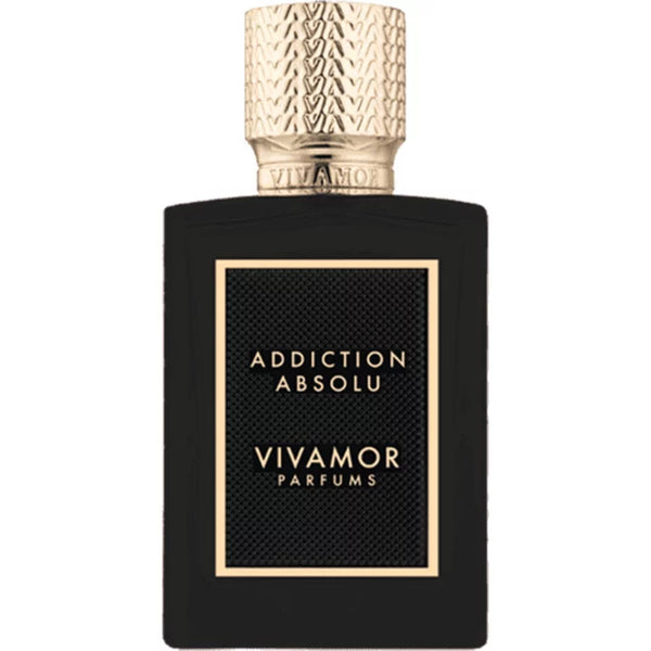 A black perfume bottle with a textured gold cap, labeled "ADDICTION ABSOLU VIVAMOR Parfums," exudes sophistication with notes of Jamaican rum accord and Madagascan vanilla bean.