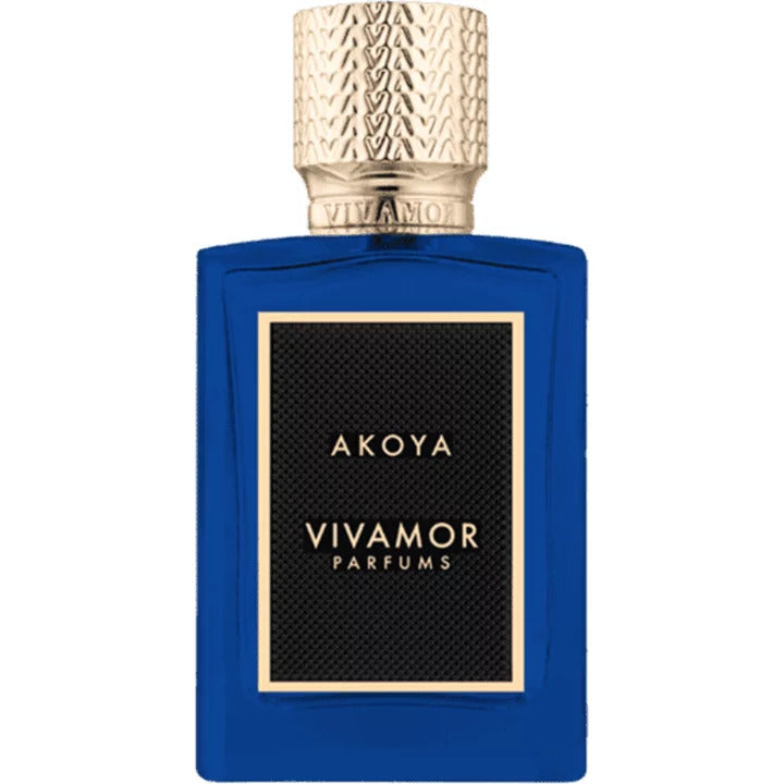 A blue bottle of VIVAMOR Parfums branded fragrance with the label reading "AKOYA". Crafted by Christian Carbonnel, this signature scent features a textured gold cap.