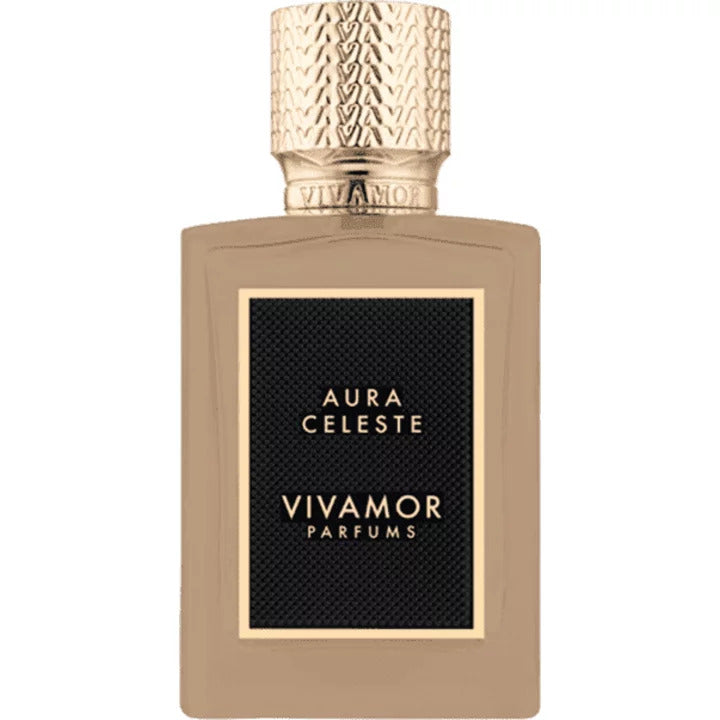 A golden perfume bottle labeled "AURA CELESTE" by VIVAMOR Parfums, featuring a textured cap and black rectangular label, infused with the luxurious scent of Tibetan musk.