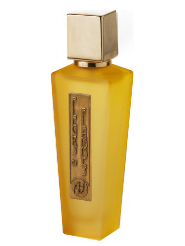 The essence of Fleurs et Flammes by Antonio Alessandria is embodied in a yellow rectangular perfume bottle, featuring a square gold cap and a vertical label embossed with floral and flame motifs.