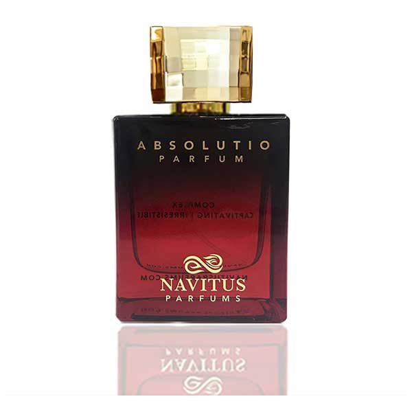 A bottle of Navitus Parfums' Absolutio, known for its long-lasting fragrance, with a gradient red to black design and gold cap, displayed against a white background.