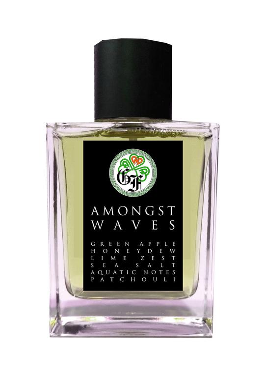 A clear glass perfume bottle labeled "Amongst Waves" by Gallagher Fragrances, boasting ingredients such as green apple, honeydew, lime zest, sea salt, aquatic notes, and patchouli. The cap is black.