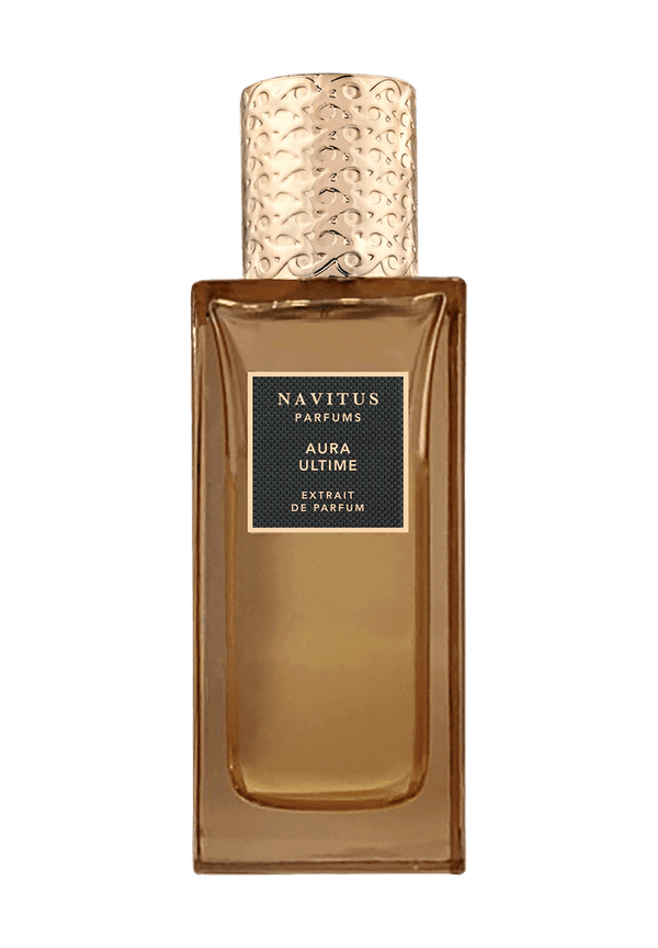 A rectangular bottle of AURA ULTIME by Navitus Parfums, crafted by master perfumer Jorge Lee, features a textured gold cap and a dark label on the front, perfectly capturing its aromatic aspects.