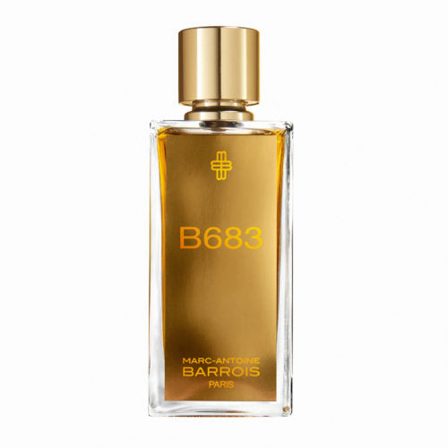 Clear glass perfume bottle labeled "B683" by Marc-Antoine Barrois with gold accent and cap, designed by Marc-Antoine Barrois, Paris; a fragrance that subtly combines hints of leather and wood.