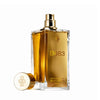 A bottle of Marc-Antoine Barrois B683 fragrance with a gold cap positioned to the left of the bottle. The golden liquid, rich in leather and wood notes, is encased in a design featuring gold-colored accents and text.