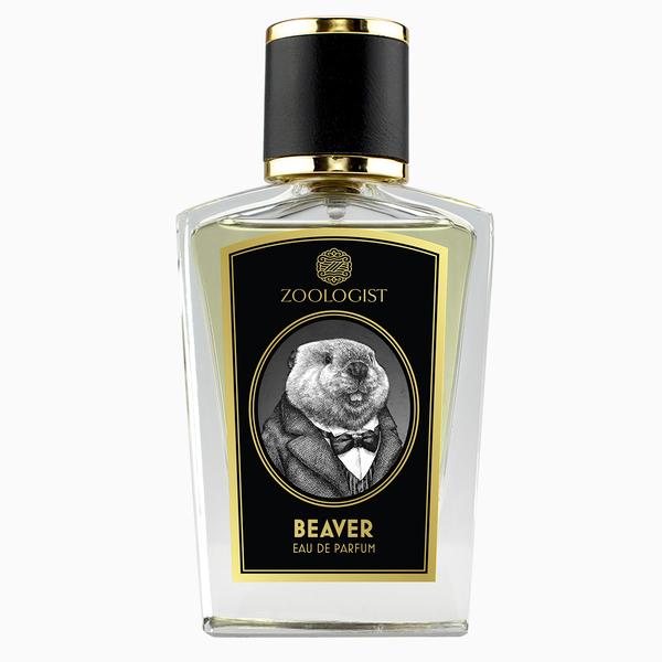 The Zoologist Beaver bottle, with a black cap, showcases an illustration of a beaver in formal attire on the label. This distinctive fragrance melds woody musks and musky castoreum to evoke the natural habitat of its namesake.