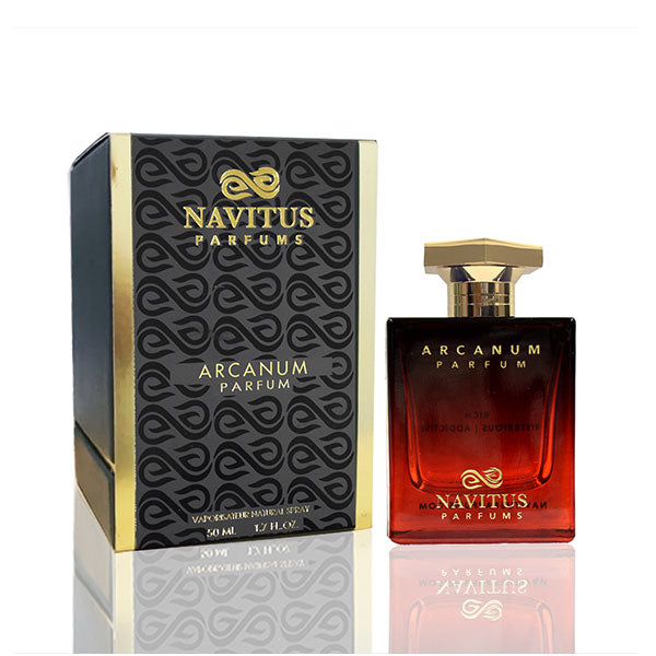 A bottle of Arcanum by Navitus Parfums is displayed next to its black and gold box. The square-shaped perfume bottle, with a gradient amber color and gold cap, holds the enchanting Arcanum fragrance that balances rich notes of cinnamon spice with dark amberwoods.