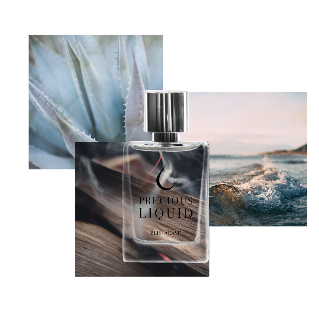 A transparent perfume bottle labeled "Precious Liquid Blue Agave" is positioned in front of a succulent, ocean waves, and wooden texture background, hinting at its woody fragrance blended with blue agave and juniper berries.