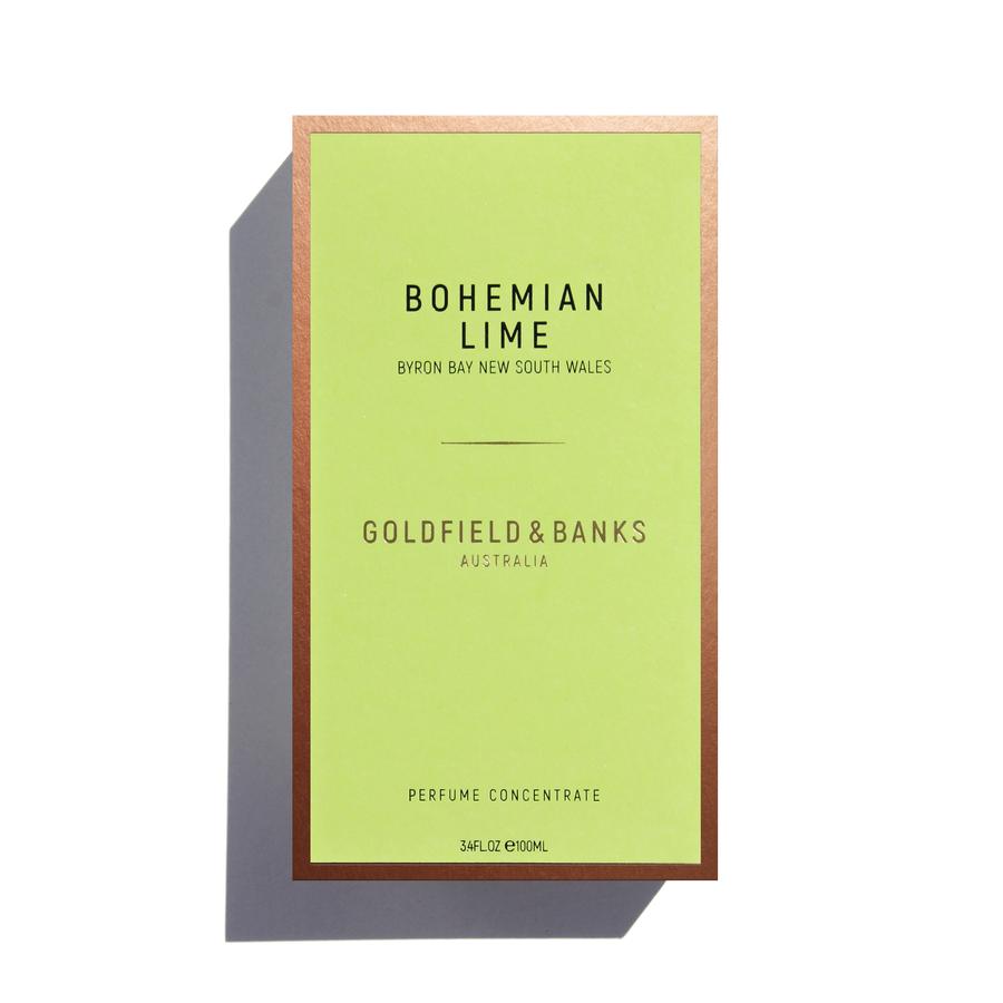 A rectangular box with a gold border, labeled "Bohemian Lime, Byron Bay New South Wales, Goldfield & Banks, Australia, Perfume Concentrate, 3.4 FL.OZ (100mL)." The light green background complements the tropical fragrance of Australian finger lime.