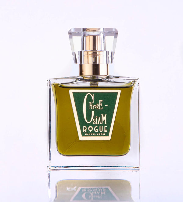 A square glass perfume bottle filled with a green liquid labeled "Chypre-Siam Rogue Perfumery" featuring a clear, faceted cap on a white background, highlighting the oakmoss notes in this classic chypre fragrance.
