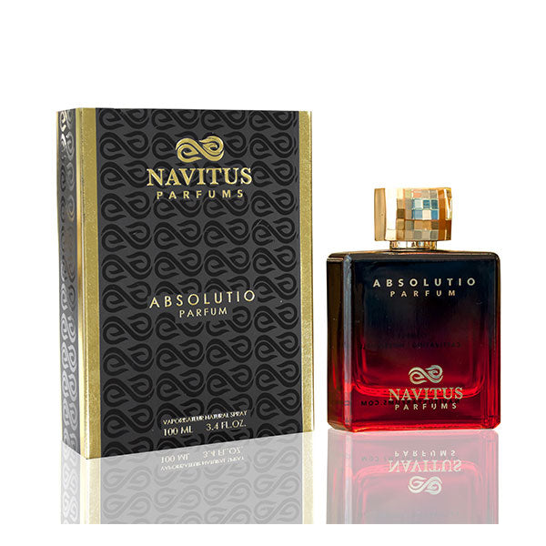 A rectangular bottle of Absolutio by Navitus Parfums, known for its long-lasting fragrance, is positioned next to its black and gold packaging box. The bottle is red and blue with a checkered cap. The label reads 100 mL, 3.4 FL. OZ., promising earthy delights in every spritz.