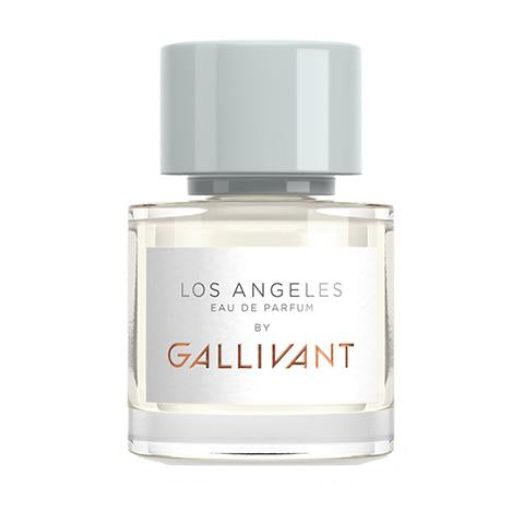 Bottle of Los Angeles by Gallivant from Gallivant Perfumes with a light grey cylindrical cap and clear glass showcasing the sultry woody floral fragrance inside.