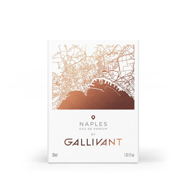 A 30ml (1.01 fl oz) perfume box of Gallivant Perfumes' "Naples" featuring a detailed map design on the front, offers a unique blend of woody fragrance and citrus notes.