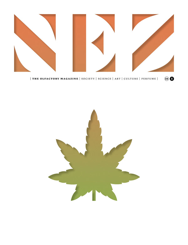 Cover of "Addictive Substances, Nez 08 Autumn 2019" featuring a gradient green cannabis leaf logo in the center, capturing the essence of fragrance. The magazine's title is emblazoned in large, addictive orange letters at the top.