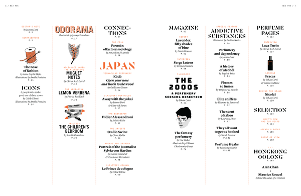 Table of contents with sections on Odorama, Japan, Magazine, Addictive Substances, Nez 08 Autumn 2019 by Nez, Perfume Pages, Icons, Lemon Verbena, The Children's Bedroom, and Selections. Dive deep into the world of fragrance with insights into addictive aromas and captivating scents.