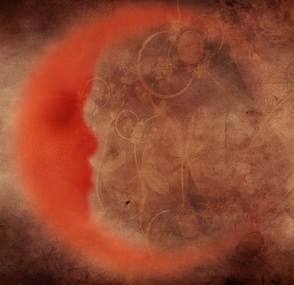 A red crescent moon shape forms the profile of a face against a textured brown background, reminiscent of the amber tones of Orange Moonshine by Ikiryo, featuring faint floral and circular patterns.