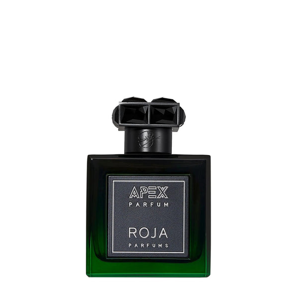 A square, black and dark green perfume bottle labeled "Apex Parfum" and "Roja Parfums" featuring a geometric black cap. This exquisite scent encapsulates a Mandarin and Pineapple fragrance, intertwining an essence that evokes a deep nature connection.
