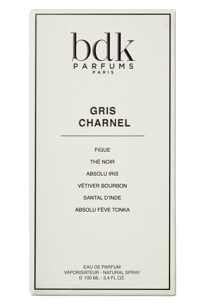 A perfume box labeled "BDK Parfums." The fragrance, named "Gris Charnel," lists notes including fig, black tea, iris absolute, bourbon vetiver, Indian sandalwood from the Tino-Rossi garden, and tonka bean absolute.