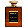 A rectangular bottle of Arcanum by Navitus Parfums, featuring a gold cap and label, filled with a brown liquid reminiscent of dark amberwoods and infused with cinnamon spice.
