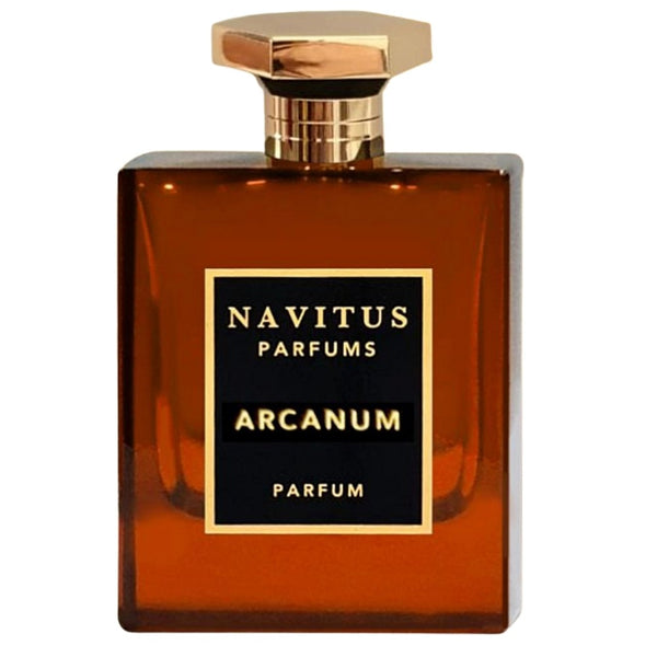A rectangular bottle of Arcanum by Navitus Parfums, featuring a gold cap and label, filled with a brown liquid reminiscent of dark amberwoods and infused with cinnamon spice.