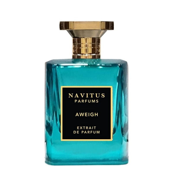 A turquoise rectangular perfume bottle with a gold cap and a black label. The label reads "Navitus Parfums Aweigh Extrait De Parfum." This exquisite extrait de parfum captures the essence of a signature scent, promising an unforgettable fragrance experience.