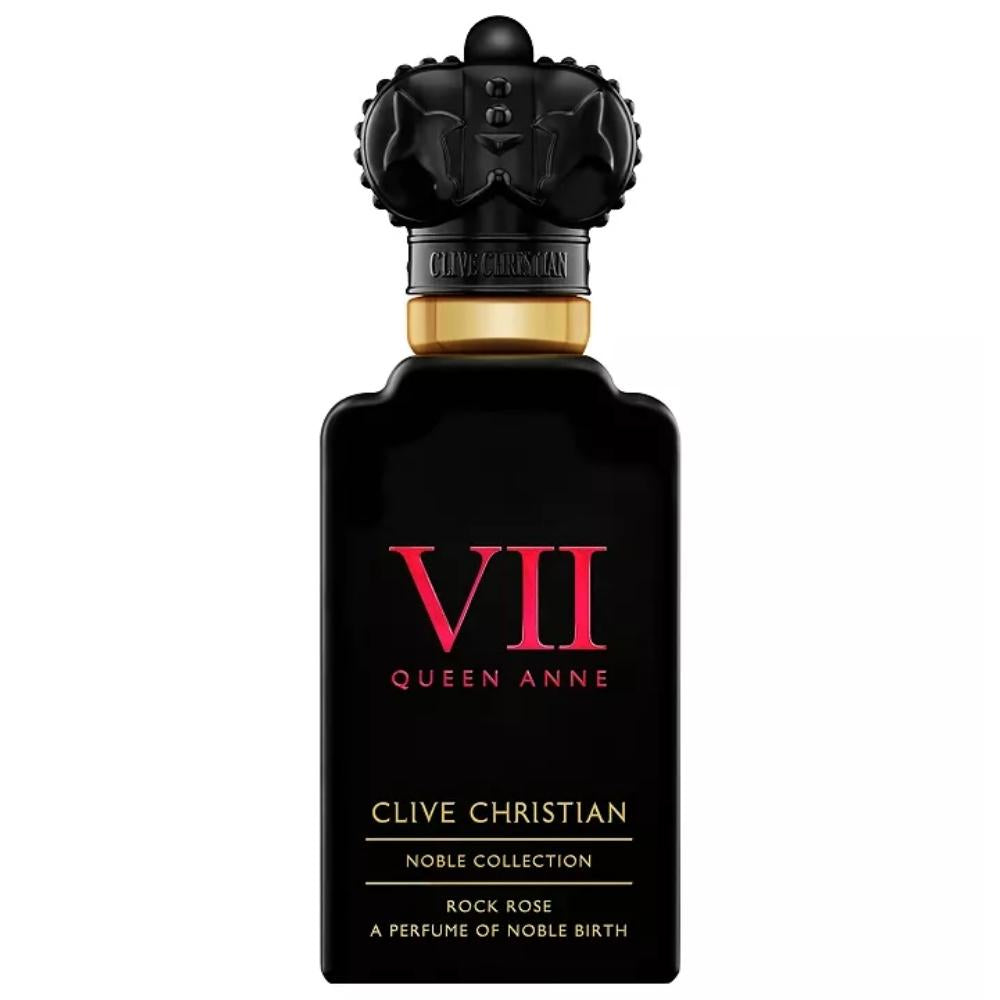 Black bottle of Clive Christian Queen Anne Rock Rose perfume, featuring golden and red text, a sculpted black crown cap, and captivating notes of Rock Rose.