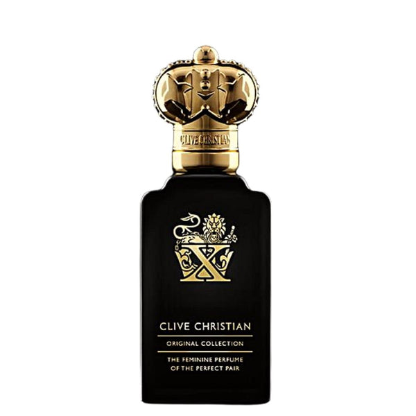 A black bottle of Clive Christian's X Feminine from the Original Collection, featuring a gold crown-shaped cap and ornate gold detailing, exudes notes of Egyptian Jasmine for a floral perfume experience.