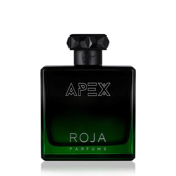 Black and green perfume bottle labeled "Apex" and "Roja Parfums," featuring an invigorating citrus blast with hints of pineapple, creating a natural Chypré allure.