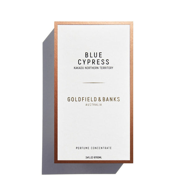 A box of Goldfield & Banks Blue Cypress perfume concentrate, delicately infused with invigorating lavender and aromatic spices, marked with "Kakadu Northern Territory" on the label.
