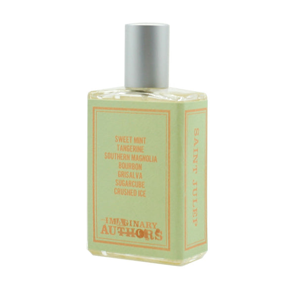 A rectangular perfume bottle from Imaginary Authors, labeled "Saint Julep," featuring notes of sweet mint, tangerine, bourbon, and southern magnolia.